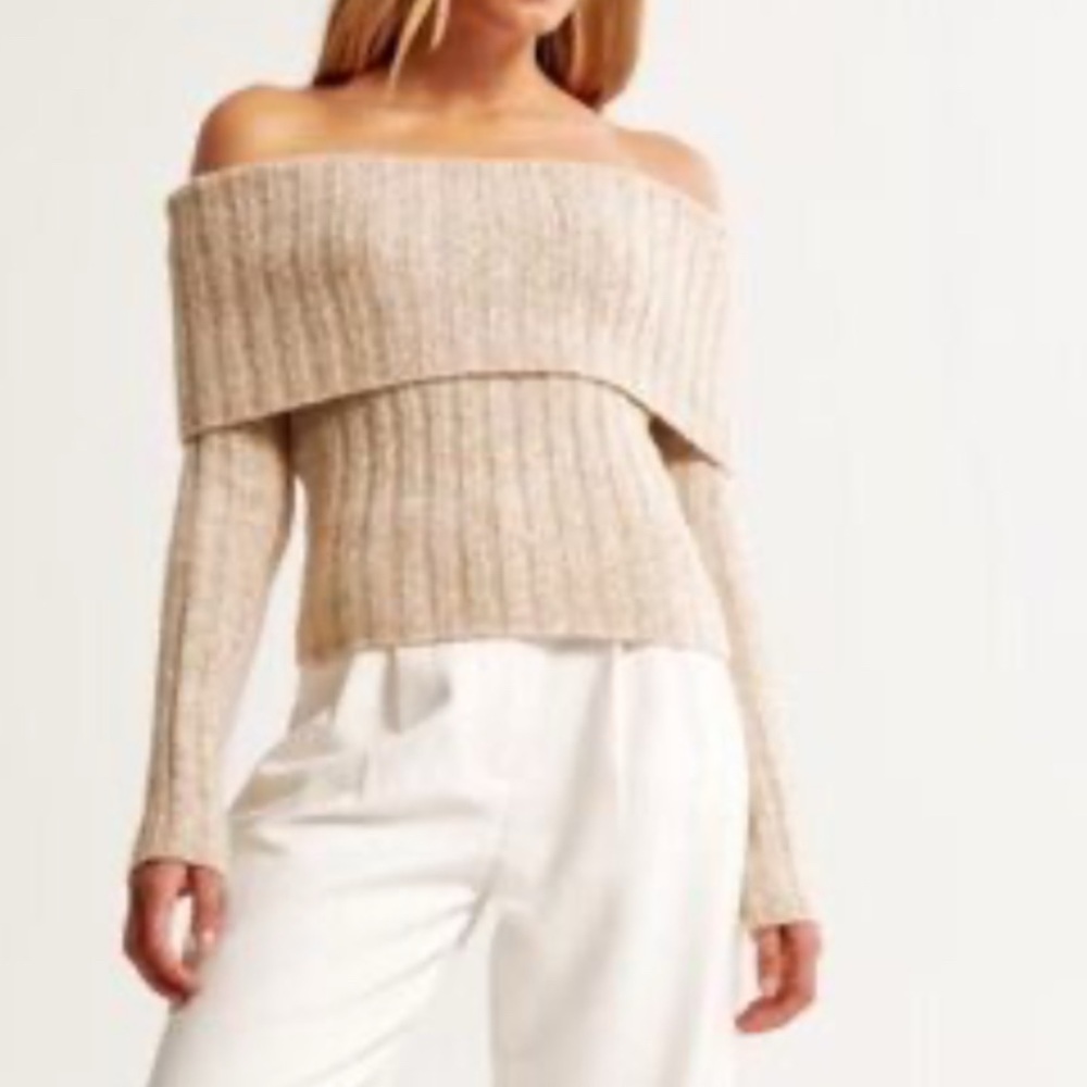 Pink Rose Tan Off-the-Shoulder Sweater with Ribbed Knit and Large Folded Collar